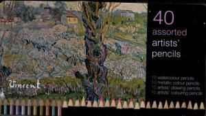 40 Assorted Artist's Pencils (Black Tin):  Van Gogh View Of Arles Flowering Orchards by Various